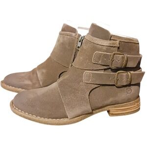 Born Taupe Suede Double-Buckle Moto Ankle Boots